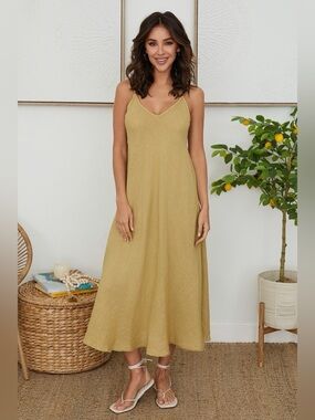 (23.2237-KIWI) ITALIAN LINEN MAXI V-NECK DRESS